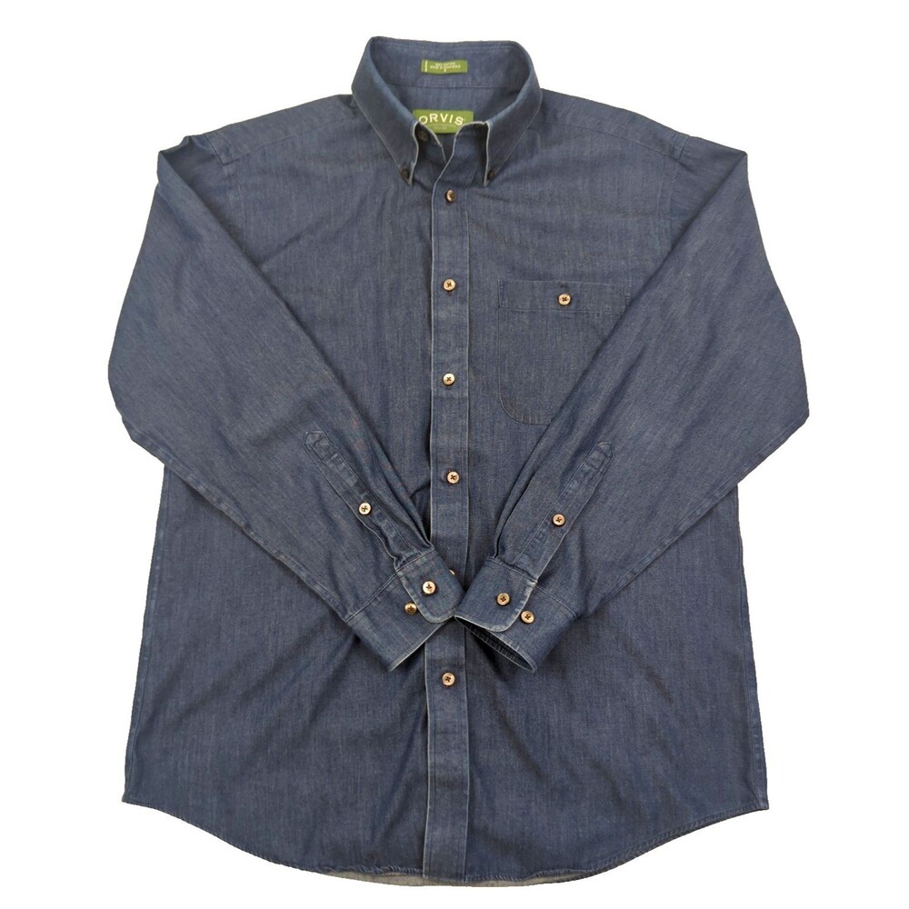 Orvis Tech Denim Men's Button Down Casual Shirt Cotton M 44 Chest Blue 1P28